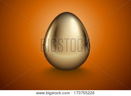 Glossy realistic golden egg. Isolated on orange background. Vintage banner card poster for Easter business benefit concept.