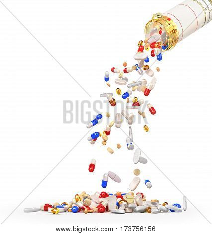 Open Pills Bottle with falling pills isolated on white background. 3d illustration