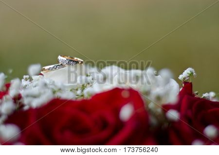 Gold wedding rings on a bouquet of white and red flowers on a background of green grass