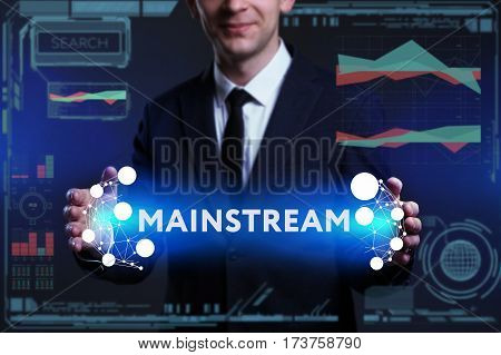 Business, Technology, Internet And Network Concept. Young Businessman Working On A Virtual Screen Of
