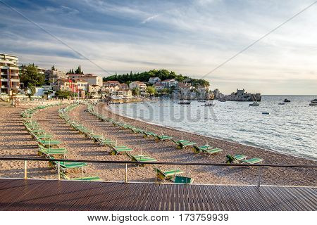 Przno, MONTENEGRO - SEPTEMBER 22, 2016:The beach in the bay Przno September evening, Montenegro.