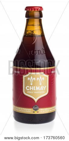 GRONINGEN, NETHERLANDS - FEBRUARY 24, 2017: Bottle of Chimay Red beer isolated on a white background