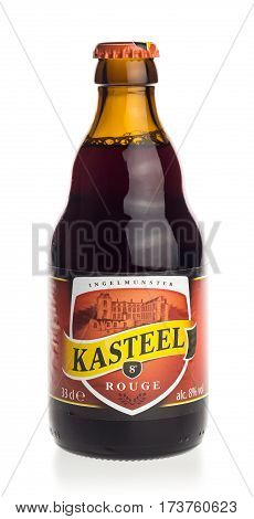 GRONINGEN, NETHERLANDS - FEBRUARY 24, 2017: Bottle of Kasteel Rouge fruit beer isolated on a white background