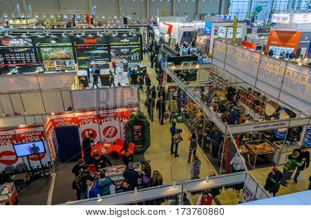 Moscow, Russia - February 25, 2017: Top view of the exhibition pavilion Hunting and fishing in Russia. Exhibits, participants and visitors of the fair.