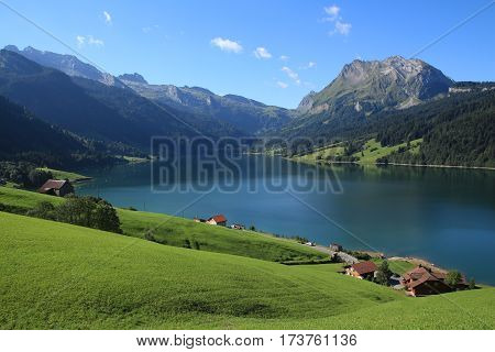 Green meadow blue lake and mount Fluebrig. Summer day at lake Wagital Swiss Alps.