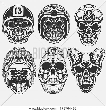 Skull set, Dead Motorcycle rider in helmet. hipster skeleton. vector