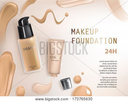Vector 3D cosmetic illustration for the promotion of foundation premium product. Colorstay make-up in glass bottle and tube, different skin tones for choose.