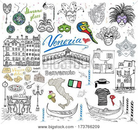 Venice Italy sketch elements. Hand drawn set with flag map gondolas gondolier clouth houses pizza traditional sweets carnival venetian masks market bridge. Drawing doodle collection isolated.