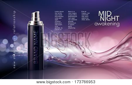 Vector 3D illustration for the promotion of cosmetic moisturizing and nourishing premium product. Matt black bottle with the open cap on a dark background with watery texture