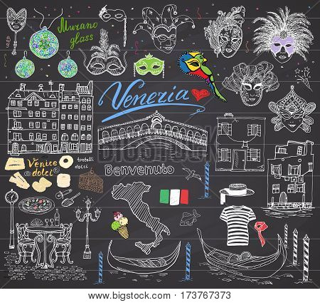 Venice Italy sketch elements. Hand drawn set with flag map gondolas gondolier clothe houses pizza traditional sweets carnival venetian masks market bridge. Drawing doodles on chalkboard.