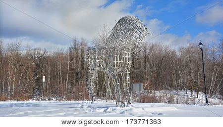 BROMONT QUEBEC CANADA 02 20 2017: By Mathieu Isabelle new statue in Bromont. The home of the Parc equestre Olympique de Bromont, equestrian olympic park.