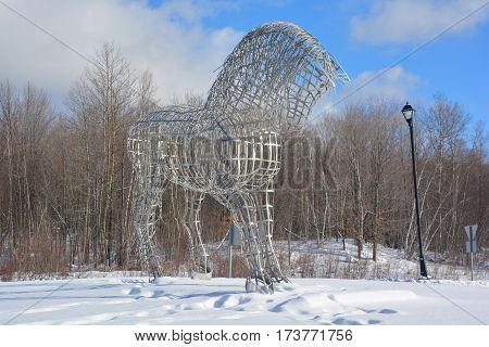 BROMONT QUEBEC CANADA 02 20 2017: By Mathieu Isabelle new statue in Bromont. The home of the Parc equestre Olympique de Bromont, equestrian olympic park.