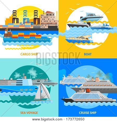Water transport 2x2 flat design concept set of cargo ships boats cruise liners and sea voyage vector illustration