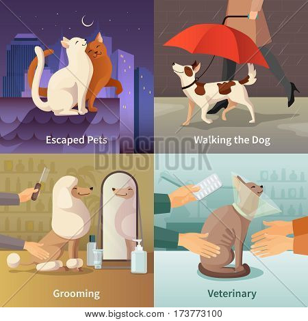 Pet shop concept icons set with grooming symbols flat isolated vector illustration