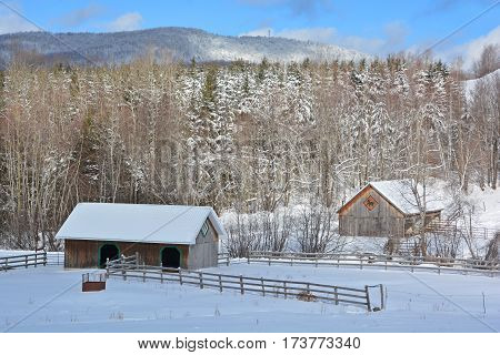 BROMONT QUEBEC CANADA 02 02 2017: Winter landscape old farm in country side of Bromont it is in the Brome-Missisquoi Regional County Municipality