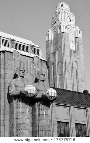 HELSINKI FINLAND SEPTEMBER 25 2015: Clock tower at the Helsinki Central railway station is a widely recognised landmark in Kluuvi, part of central Helsinki