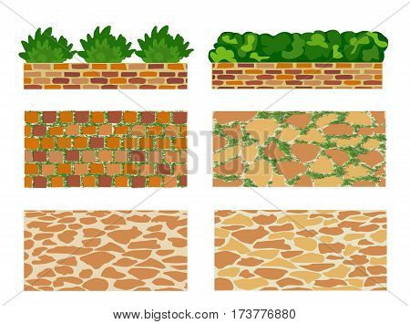 Set of elements for landscape designing. Different options of masonry and garden plants.  Vector illustration. Horizontal  location. Landscaping design.