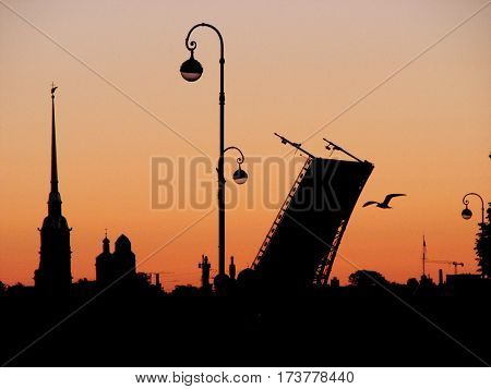 Saint-Petersburg, Russia. White Nights, silhouette Peter and Paul Fortress and divorced bridges.