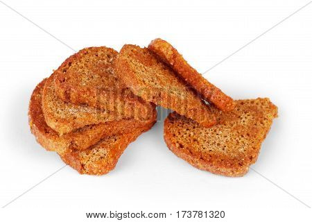 Pile of rye croutons isolated on white