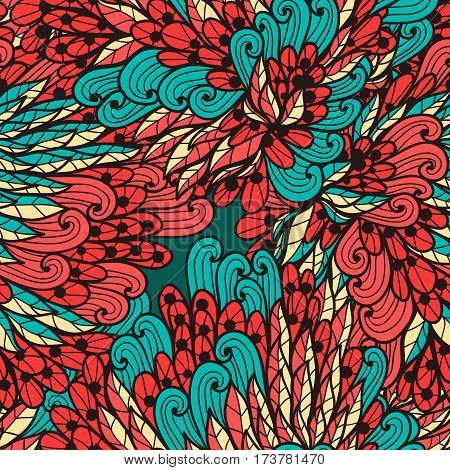 Seamless floral vinage red and blue hand drawn doodle pattern