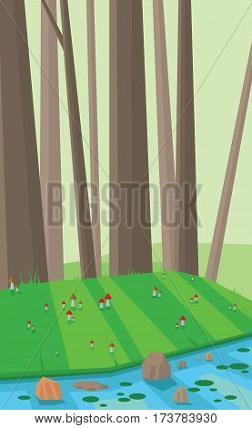 Digital vector abstract background with green and brown forest, tall trees, mushrooms on green grass and river with lotus plants, flat triangle style