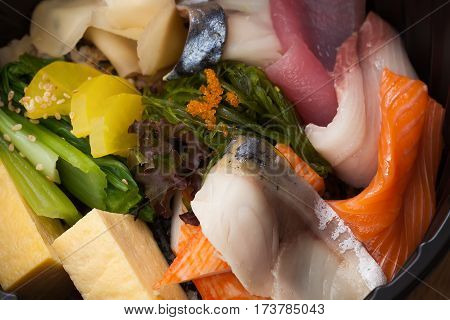 Japanese Food Tekka Don Take Away On Wooden Background