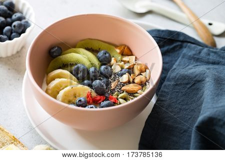 Blueberries,Kiw,iAlmond,Goji berries and Chia seed on Greek yogurt