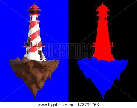 3D rendering a lighthouse on a little rocky island isolated on blue background with clipping paths and color id section for an easy split background.