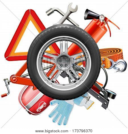 Vector Wheel with Car Accessories isolated on white background