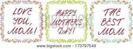 Happy mother's day cards set with handdrawn floral border and handlettering. vector illustration.