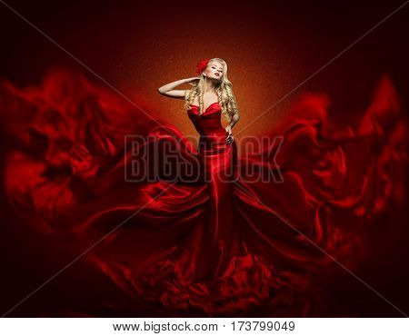 Woman Fashion Dress Red Art Gown Flying Silk Fabric Elegant Girl in Fashions Waving Cloth
