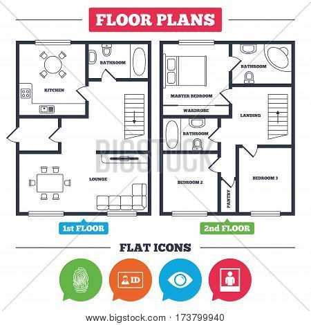 Architecture plan with furniture. House floor plan. Identity ID card badge icons. Eye and fingerprint symbols. Authentication signs. Photo frame with human person. Kitchen, lounge and bathroom. Vector