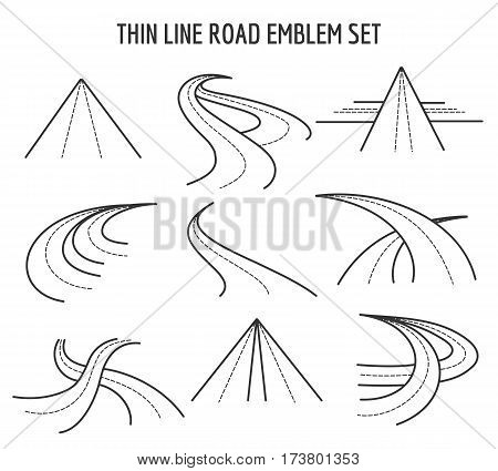Thin line road and highway icons. Linear traffic route signs on white background. Straight and curve speedway in line style illustration