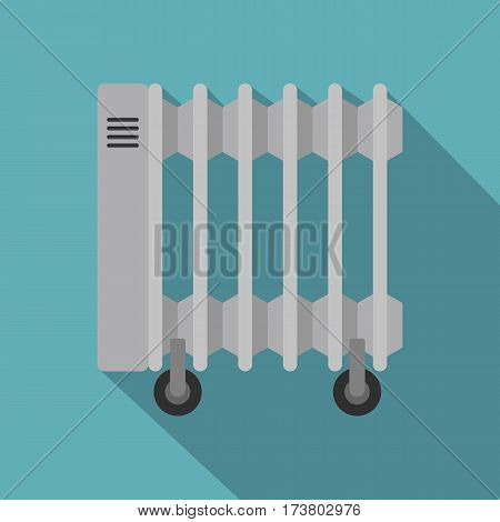 White electric heater on wheels icon. Flat illustration of white electric heater on wheels vector icon for web isolated on baby blue background
