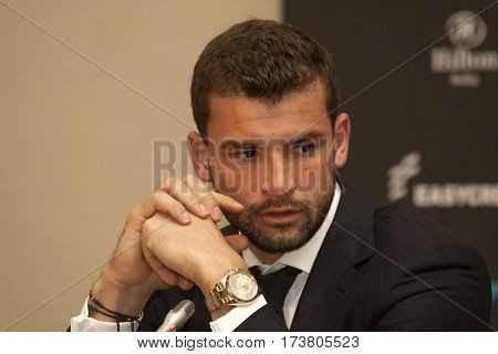 SOFIA BULGARIA - NOVEMBER 27 2015: Bulgarian and French tenis players Grigor Dimitrov Gael Monfils on press conference before demonstrative match in Arena Armeec hall NOVEMBER 27 2015 Sofia Bulgaria.