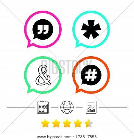 Quote, asterisk footnote icons. Hashtag social media and ampersand symbols. Programming logical operator AND sign. Speech bubble. Calendar, internet globe and report linear icons. Star vote ranking