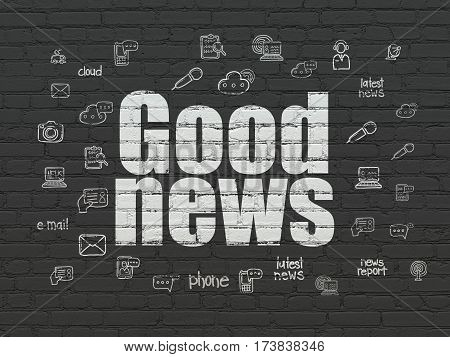 News concept: Painted white text Good News on Black Brick wall background with  Hand Drawn News Icons