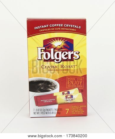 Spencer Wisconsin February 28 2017 Box of Folgers instant coffee Folgers is an American brand of coffee founded in 1850