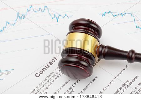 Wooden Judge's Gavel And Calculator Over Some Financial Documents