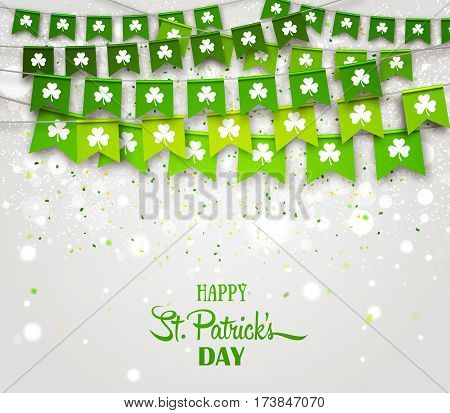 Green festive flags with clovers, bokeh and confetti. Irish holiday, celebration party. Happy Saint Patrick's Day backdrop with garlands. Vector illustration for greeting card, poster, banner