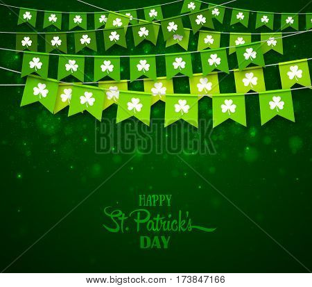 Green festive bunting with clovers. Irish holiday, celebration party. Happy Saint Patrick's Day backdrop with garlands. Vector illustration for greeting card, poster, banner