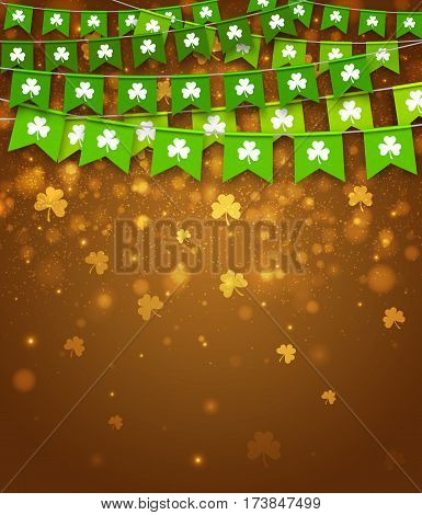 Green festive bunting with clovers. Irish holiday, celebration party. Happy Saint Patrick's Day backdrop with garlands. Vector illustration for greeting card, poster, banner