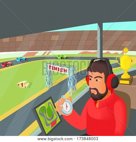 Racing coach concept. Cartoon illustration of racing coach vector concept for web