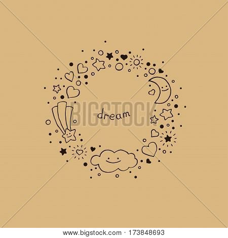 Cute abstract background in hand-drawn style. Round frame with cloud stars hearts comet and crescent moon. Vector illustration.