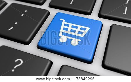 Online shop and e-commerce concept with shopping cart icon on computer keyboard 3D illustration.