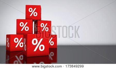 Sale and shopping concept backdrop with percentage symbol on red cubes 3D illustration.