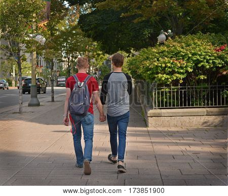 Gay couple in the city.Concept about homosexual, love and lifestyle