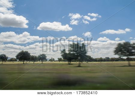 Meadow through the window of a moving car, field with oaks and cork oaks in Toledo (Spain). The photo tells the movement on the road through the fields of the spanish plateau.