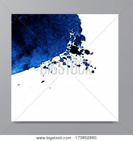 Hand drawn watercolor blue stain. Indigo watercolour background. Spot with droplets smudges stains splashes. Element for your design and decor backgrounds banners flyers.