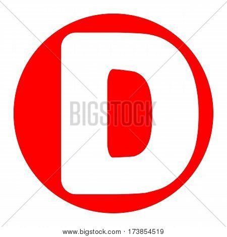Letter D sign design template element. Vector. White icon in red circle on white background. Isolated.